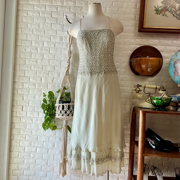 Vintage Dazzelle Inc 100% Silk Ornately Pearl Beaded Layered Chiffon Midi Dress - Picture 3 of 17